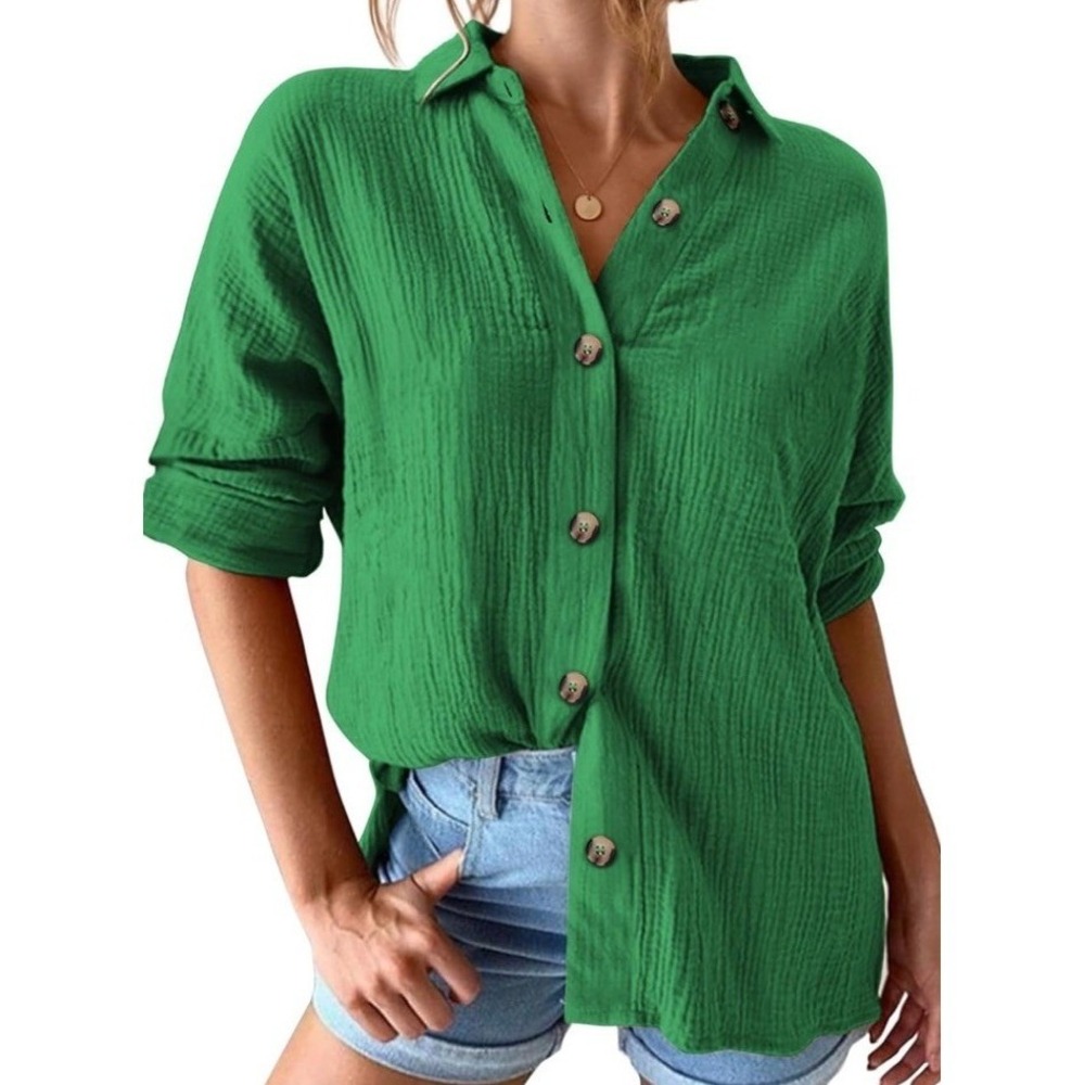 Dseipo Blouse Women Small Green New Crepe Texture Button Down Long Sleeve C491